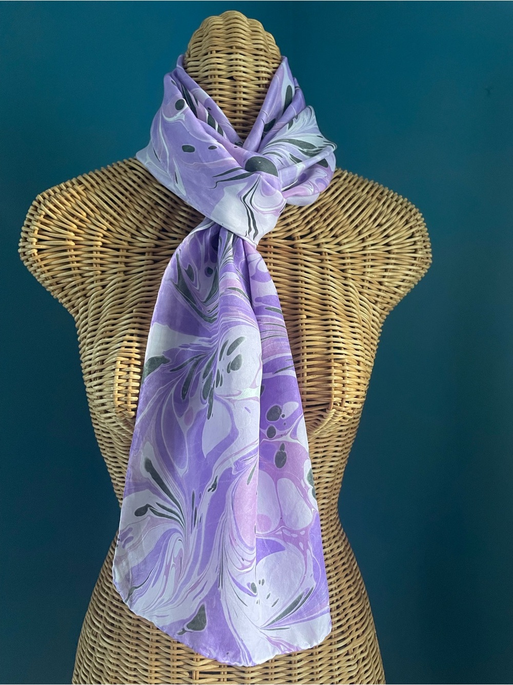 Purple Marbled Silk Oblong Scarf 14 x 68